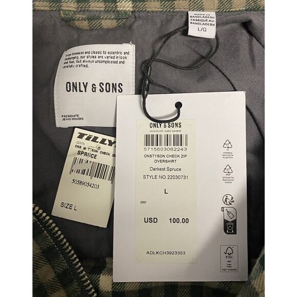 ONLY & SONS Tyson Check Mens Zip-Up Overshirt - SPRUCE Men’s Large - Picture 6 of 9